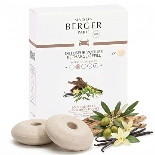 Image of Maison Berger Car Diffuser Refill Set, Under the Olive Tree | Jasmine Oudh Olive Wood Notes, 2 Ceramic Inserts, Fits Maison Berger Vent Clips, 4-Week Diffusion, Made in France