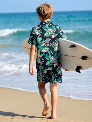 Image of DAXIANG Boys 2 Piece Hawaiian Outfit Summer Button Down Shirt and Pocket Short Sets Beach Vacation Clothes for Kid Size 3-10