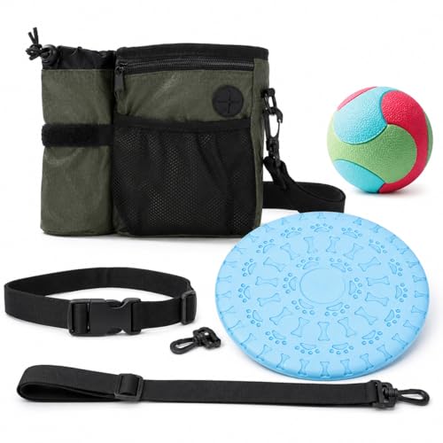Dog Training Treat Pouch with Water Bottle Holder, Hands Free Dog Walking Bag for Treats, Puppy Training & Outdoor Walks, 3-Way Wear Dog Treat Bag for Training with Flying Disc & Bounce Ball