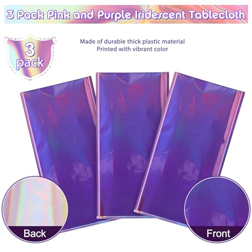 Image of 3 Pack Ombre Iridescent Pink and Purple Plastic Tablecloths, Shiny Disposable Laser Rectangle Table Covers Holographic Foil Tablecloth Iridescent Party Decoration Birthday Bridal Wedding, 54x108 Inch