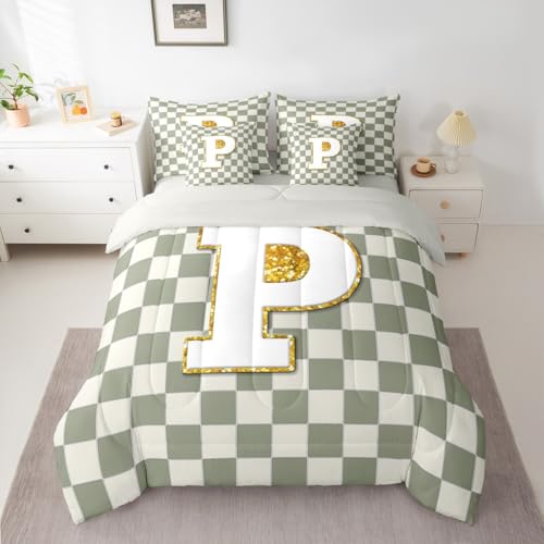 Image of Erosebridal Sage Green Checkered Full Bed in A Bag 7 Piece Plaid Initial P Comforter Set with Sheets Personalized Monogram Bedding Sets for Kids Adults,Fashion Grids Gingham Bed Set