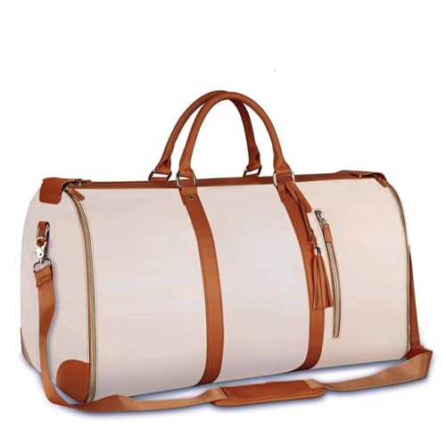 Suweir Kleidersack Reisetasche PU Leder Anzugtasche Garment Duffle bag für Herren Damen 2 in 1 Hängenden Faltbaren Koffer Anzug Reisetaschen Kleidertaschen Sporttasche für Bussiness, Reisen (Beige)