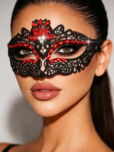 Flimire Black Masquerade Ball Mask for Women Rhinestone Luxury Lace Masks Sparkle Costume Party Face Mask Venetian Masks (Red)