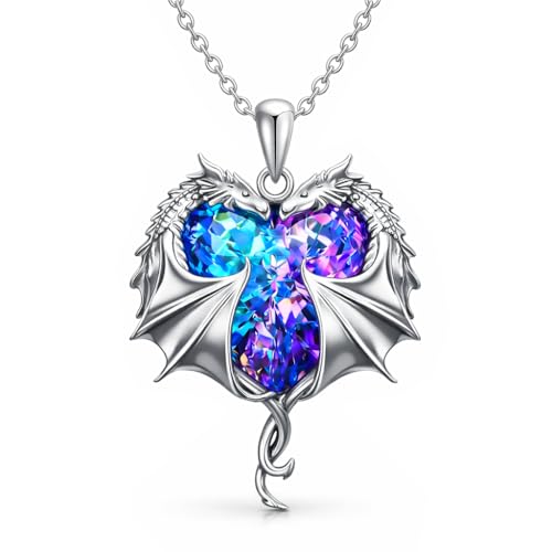 Twin Dragons Love Necklace for Women - Double Dragon Heart Pendant with Purple Blue Crystal - Vintage Winged Serpent Couple Jewelry Gifts Amethyst Birthstone Fantasy Romantic Protection Gift for Her