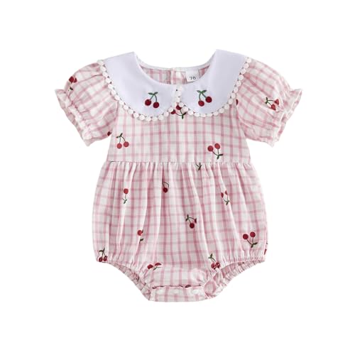LIOMENGZI Baby Girls Summer Romper Short Sleeve Doll Collar Plaid Cherry Print Outfit3 6 12 18 Months Infant Baby Girl Clothes (Pink, 6-12 Months)