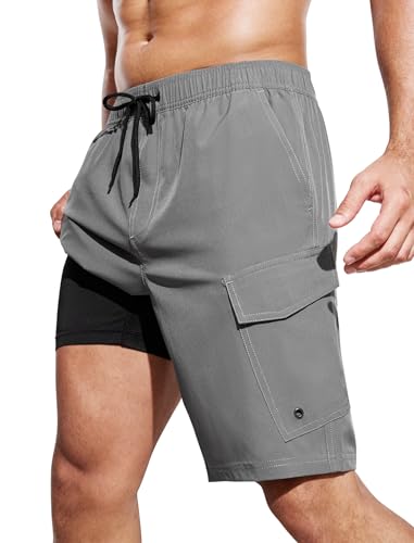 SILKWORLD Mens Swim Trunks with Compression Liner 9 Inch Bathing Suits Quick-Dry Swimming Beach Shorts with Cargo Pockets