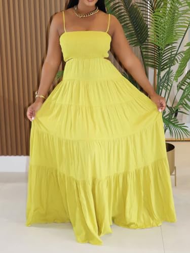 Image of WXN Womens Spaghetti Strap Sundress Casual Summer Long Maxi Dress Smocked A Line Swing Cocktail Party Vacation Dresses
