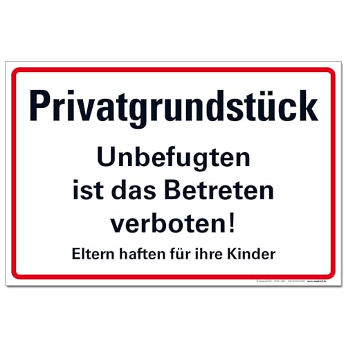 BUEWA-Schilder Privatgrundstück Betreten verboten Warnschild PVC 300 x 200 x 3 mm Vorgebohrt B1-zertifiziert