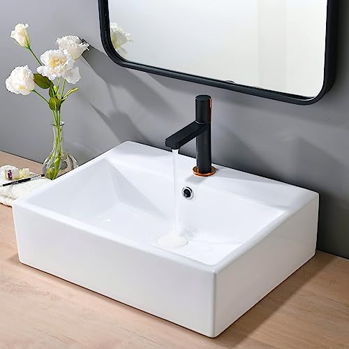 Vapsint Rectangular Vessel Sink,21"X16" Rectangle White Procelain Ceramic Above Counter Bathroom Sink Wall Mount Vanity Lavatory Bath Art Basin Sinks With Single Faucet Hole #TOP1