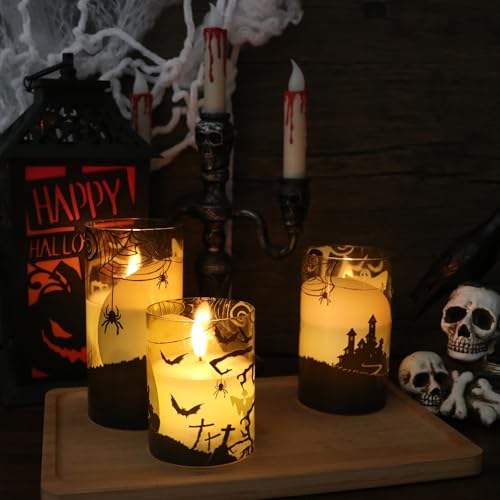 Image of GenSwin Halloween Candles Flameless with Remote Timer, Flameless Candles with Spider Web, Ghost, Castle Decals, 3 Pack Green Glass Battery Operated Candles with 3D Flickering Flame for Fall Decor