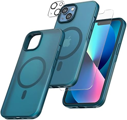 TAURI 5 in 1 Magnetic Case for iPhone 13 [Military Grade Drop Protection] with 2X Tempered Screen Protector +2X Camera Lens Protector, Translucent Matte Slim Fit iPhone 13 Case 6.1”-Light Blue