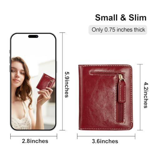 Image of Itslife Women's Rfid Blocking Small Compact Bifold Leather Pocket Wallet Ladies Mini Purse with id Window (Waxed Red)