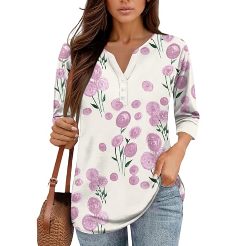 Fall Button Down Shirts for Women 3/4 Length Sleeve Tops V-Neck Tunic Shirts Loose Dressy Casual Blouses3
