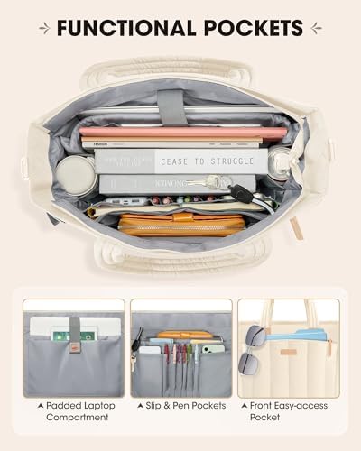 RAINSMORE Laptop Tote Bag for Women 15.6 Inch Puffer Quilted Work Bag with 40oz Cup Holder Large Capacity Lightweight Shoulder Bag for Teacher Travel Business Casual Office Professional, Beige — view 4