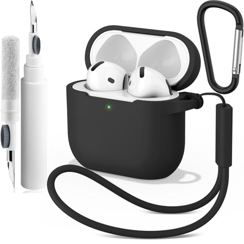 Vancle Funda de Silicona para AirPods 4, con Kit de Limpiador, Anti-Rasguños, Anti-Polvo de Fundas Protectora para Apple AirPods 4 Generacion 2024, LED Visible Frontal, Negro