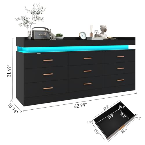 Image of jiteentarou 9 Drawer Dresser with Charging Station and LED Lights, Modern Chest of Drawers with Power Outlet, Organizer Cabinet for Bedroom, Living Room, Entryway, Black