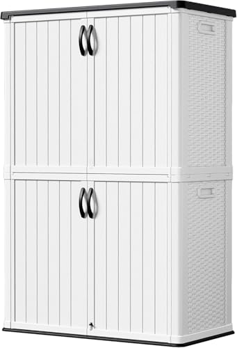 Devoko 50 Cu Ft Outdoor Storage Cabinet - Waterproof Vertical Shed for Patio, Garden & Deck, Heavy-Duty Tool Storage Box for Cushions, Accessories & Equipment, Durable & Weather-Resistant (White)