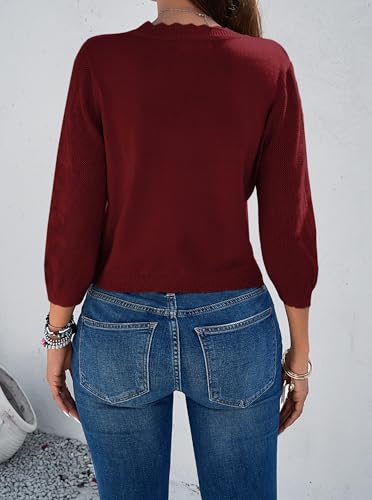 Image of Women Crop Cardigan Sweaters Lightweight 3 /4 Sleeve Button Up Crochet Shrug | Textured Bolero For Dresses Dressy Casual, V Neck, Ladies Eyelet Shawl Thin Trendy