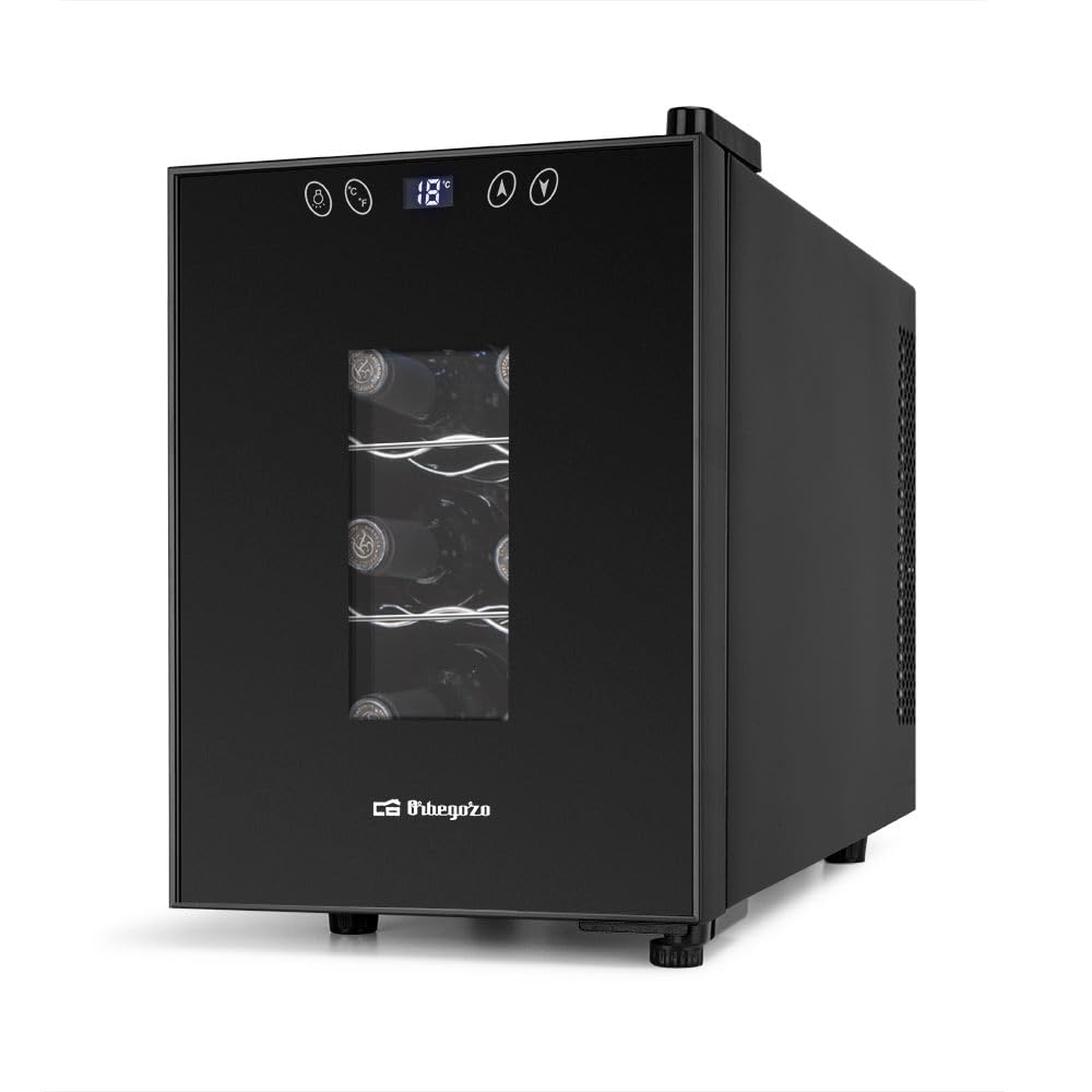 Orbegozo VT 630 Vinoteca de 6 Botellas Volumen 17 Litros Panel Táctil Pantalla Digital Termostato Regulable 11-18°C Luz LED Interior Silenciosa Estantes Cromados 55W