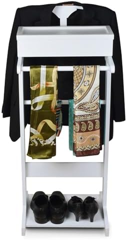 Wooden Valet Stand for Men & Women, Floor Standing Suit Hanger, Space-Saving Clothing Rack with Trousers Bar, 22 lbs Capacity, 17x14x43in (White)