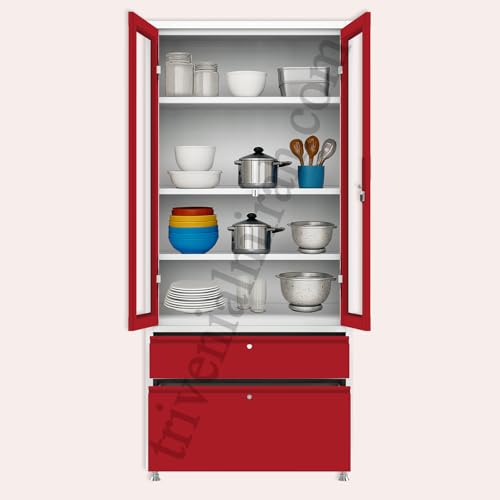 Image of Triveni Almirah Annapurna-5 Steel Wardrobe for Kitchen & Home Use | 10 Year Guarantee on Paint & Locks | 2-Door Glass Almirah with 2 Drawers | Separate Locks for Doors & Drawers | Powder-Coated Finish