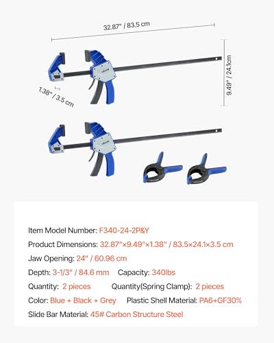 Image of VEVOR Bar Clamps for Woodworking, 2-Pack 24 inch One-Handed Clamp /Spreader, Quick-Grip F-Clamp with 340 lbs Load Limit, Premium Plastic and Carbon Steel, for Woodworking Metal working, Blue + Black