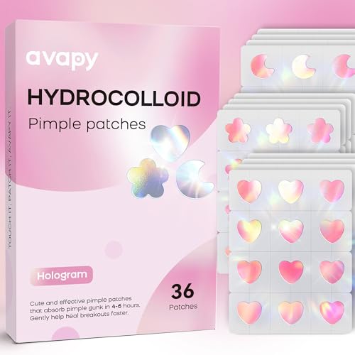 AVAPY Pimple Patches for Face, Cute Hydrocolloid Acne Patches, Colorful Hologram Heart Sport Stickers, Zits & Blemish, Pimple Patch with Salicylic Acid, Pink Heart Moon Flower 12MM (36 Count)