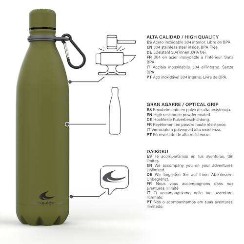 Daikoku - Edelstahl Wasserflasche | 100% Auslaufsicher | Hält 12 Stunden Heiß, 24 Stunden Kalt | BPA-Frei und Gesund | Modische Farbe, Ideal für Alltag und Outdoor | Militärgrün | 750 ML