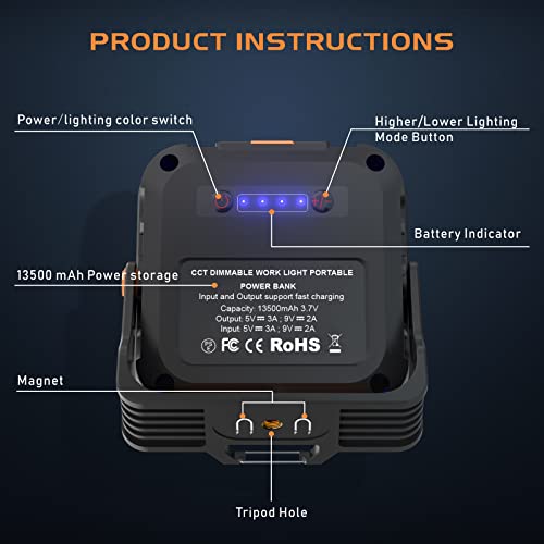 Aygrochy Projecteur LED Rechargeable, Lampe Chantier 13500MAH avec 4 modes d'éclairage et 10-100% niveaux de luminosité pour la réparation automobile, le camping. - Image 4