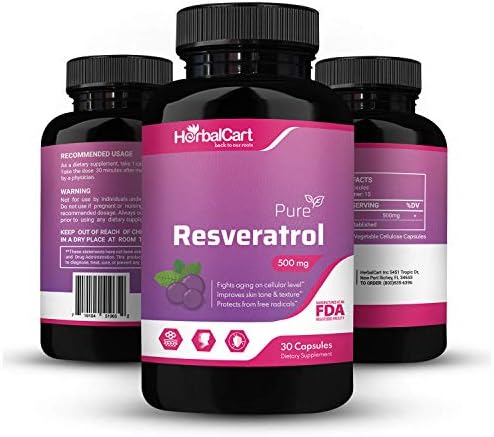 HerbalCart Pure Resveratrol Supplement, Antioxidant Support for Skin, Hair, and Overall Wellness (99% Pure, 500mg Per Serving, 1 Bottle)