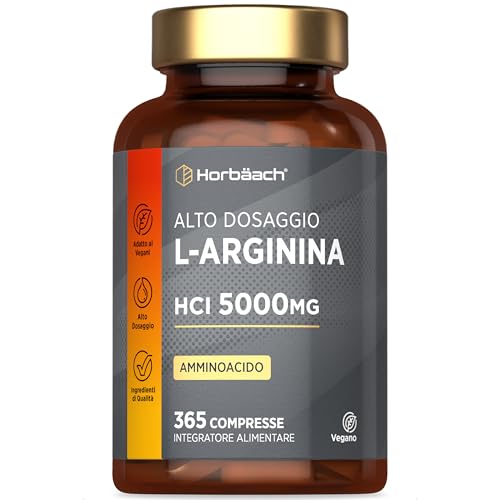 L-Arginina 5000 mg ad Alto Dosaggio | 365 Compresse Vegane | Arginina HCl | Alternativa ad Arginina Polvere | Aminoacido Pre & Post Workout | di Horbaach