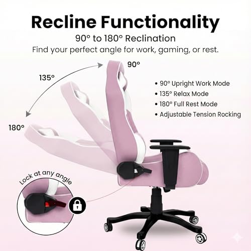 Image of ASE GAMING Gold Series Ergonomic Gaming Chair Premium PU Leather, Adjustable Neck & Lumbar Pillow, 180 Degree Recline with Black Metal Base with 3 Years Warranty (Pink)