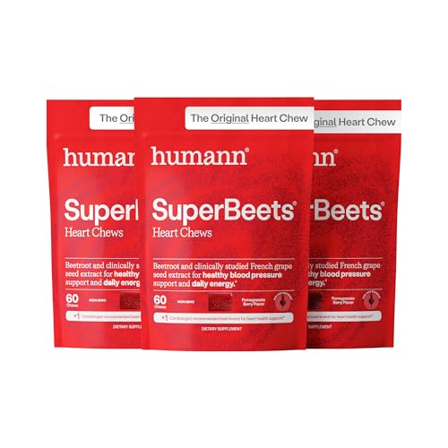 HumanN SuperBeets Heart Chews Beet Root Powder Support Energy Supplement Nitric Oxide and Blood Pressure Support Grape Seed Extract & Non-GMO Heart Health Pomegranate Berry Flavor 180 Count