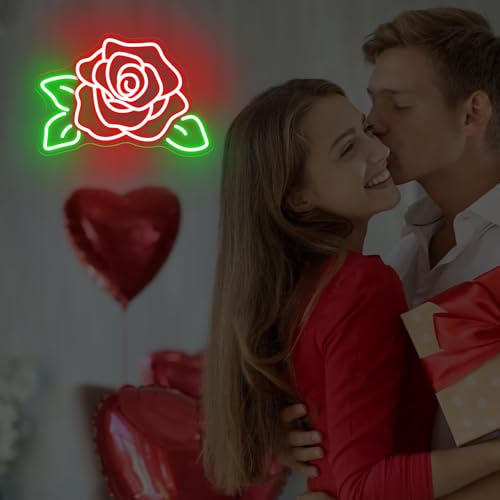 Image of Rose Flower Neon Light Signs for Wall Flower Shop Window, Room, Cafe Art Decorative Lady Gift Wedding Bachelorette Party Bridal Banquet Background Decor Sign, 15.7 inchx10.8 inch, Red