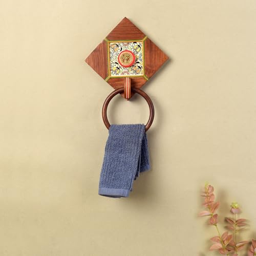 Image of Aakriti Art Creations Art Fusion Wooden Towel Holder | Dhokra Elegance Towel Hanger | Brass & Wooden Handcrafted Towel Holder | Matte Finish Brown Wall Mounted