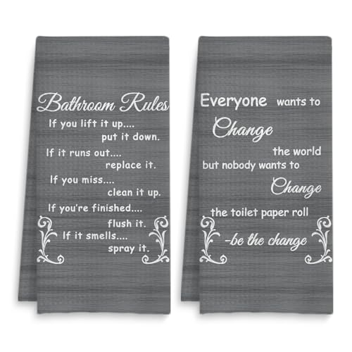 Fuasei Funny Bathroom Rules - Juego de 2 toallas de mano decorativas rústicas para decoración de baño, 16 x 24 pulgadas (elegante estilo gris)