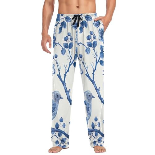 Men's Pajama Pants Blue White Porcelain Bird Pattern Sleep Pajama Lounge Pant with Pockets, Elastic Waistband3