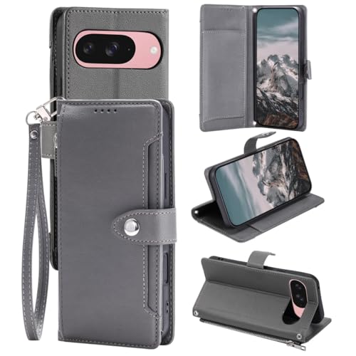 Protection Google Pixel 9 Pro 5G étui rabat cuir gris portefeuille zippé
