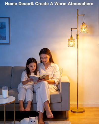 Image of 2-Light Glass Floor Lamp, 65IN Tall Standing Lamps Dimmable with Amber Glass Lampshade, 3000K Warmwhite Mid Century Modern Floor Lamp with 5Lbs Heavy Base for Living Room /Bedroom