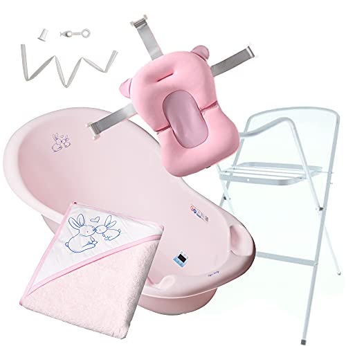 Primabobo Babypflegeset Bade-Set für Baby von 0 bis 12 Monate 5-teiliges Set mit Baby-Badewanne mit Gestell Ablaufschlauch Handtuch aus 100 % Baumwolle Badekissen Kanninchen Rosa Cover