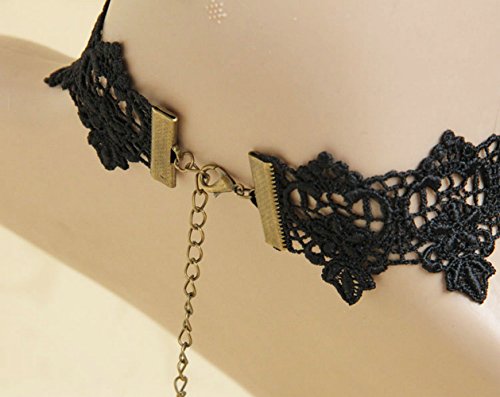 Pure Gothic Ribbon Bridal Lace Pattern Necklace Vintage Romantic Handmade Bridal Wedding White Lace Choker Necklace Short Flower Pearl Relighous Necklace (With A Black Rose) #TOP4