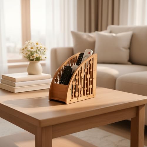 Image of Wooden Remote Organizer for Table - 3 Compartment TV Remote Control Holder Stand Decorative Remote Caddy for Living Room, Coffee Table & Office Size 7 x 5 x 2.5 Inches