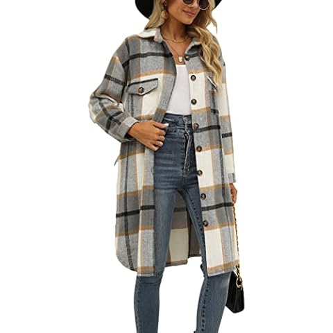 SeekMe Women's Plaid Long Shirt Jacket Button Down Long Sleeve Lapel Collar Pocket Shacket(0449-Grey-S-FY) Cover
