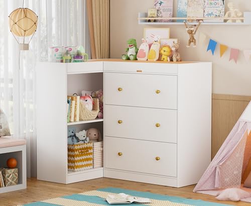 PAKASEPT Modern Nursery Changing Table, Corner Baby Dressing Table with 3 Drawers and 2 Open Shelves, Multi Functional Diaper Changing Station for Children\'s Rooms,Nursery - Thumbnail 5
