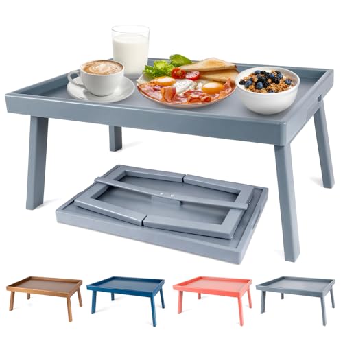 Bmboryxa Bandeja de bambú para cama con barra de apoyo y patas plegables, bandejas de comida para desayuno, mesa para cama, sofá, comedor y portátiles, mesa de bandeja de TV en el sofá