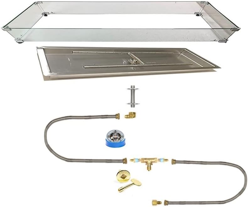 EasyFirePits DIY Pro Pre-Plumbed Gas Linear Fire Table Kit w/Glass Windscreen, Stainless Steel Pan, Burner, and Professional Gas Connection Kit (34.5X16.5)