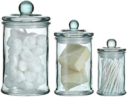 Motifeur Glass Apothecary Jar | Bathroom Storage Organizer Canister (Set of 3, Blue)
