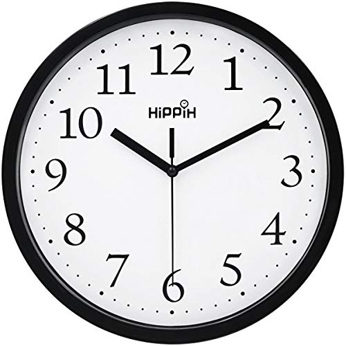 HIPPIH Black Wall Clock Silent Non Ticking Quality Quartz, 10 Inch Round Easy to Read for Home Office School Kitchen Clock