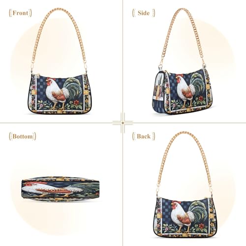 Shoulder Bags for Women Farm Chicken Rooster Flower Hobo Tote Handbag Small Clutch Purse with Zipper Closure2
