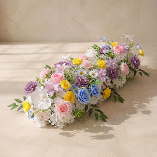 36inch Aisle Flower Garland with Chiffon Sheer Drape, Multi-Color Artificial Flowers Rose with White Butterfly Orchid, Floral Runner for Wedding Arch, Backdrop, Reception Table Decor, Ceremony Pathway